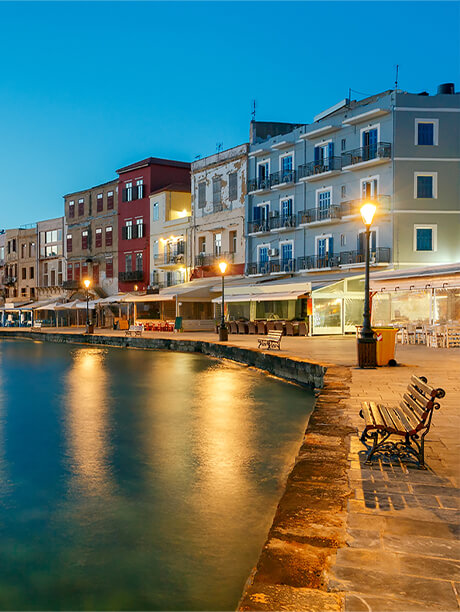 Chania harbour promenade at dusk